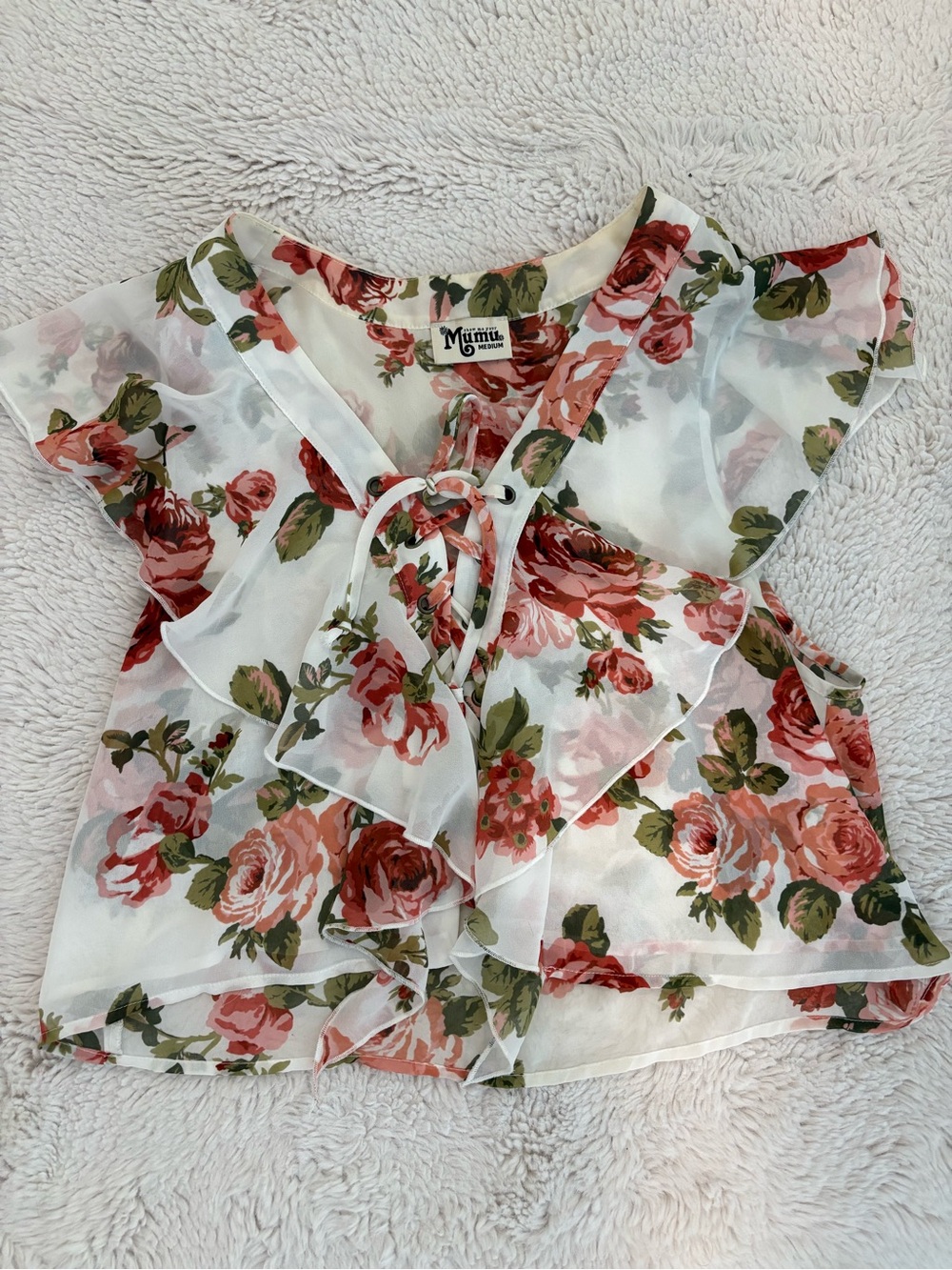 Show Me Your Mumu Oasis Lace Up Crop Top White & Red Medium Like New